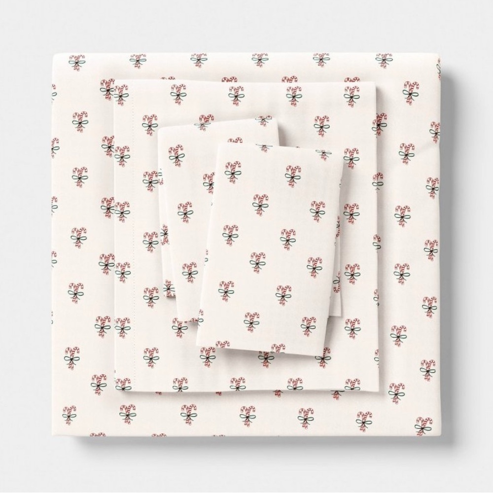 Candy Cane Print Christmas Cotton Sateen Cream Queen Bedding Set